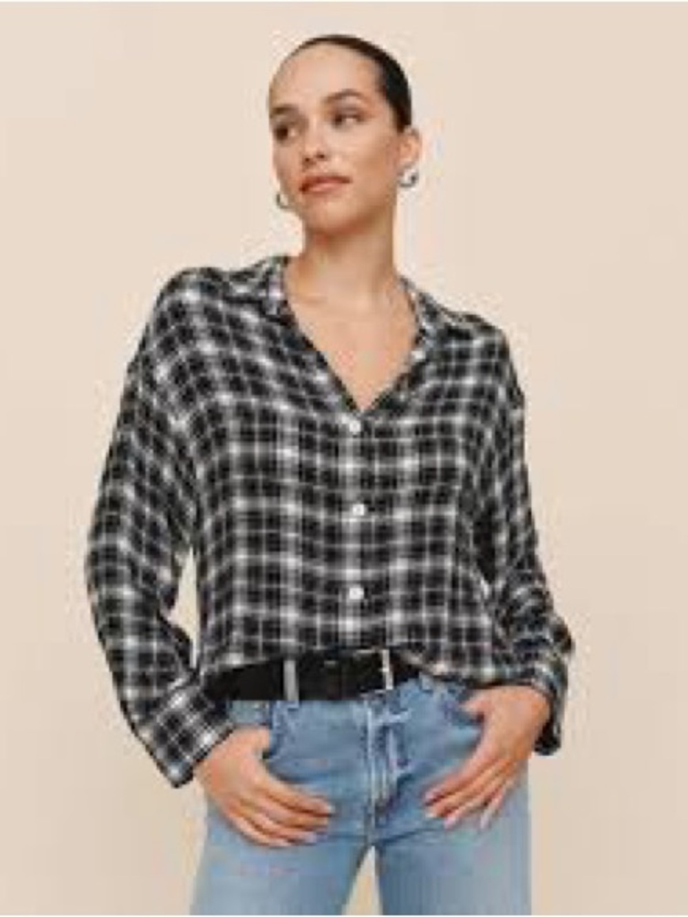 BELLA DAHL Boyfriend Button Down Plaid Shirt Black Gray Charcoal - Picture 3 of 5